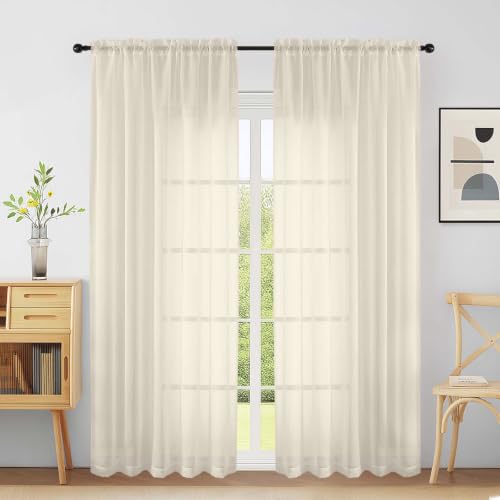 Extra Wide Sheer Cream Curtains 84 Inches Long 2 Panels (59"W x 84"L (Pack of 2) / Cream)