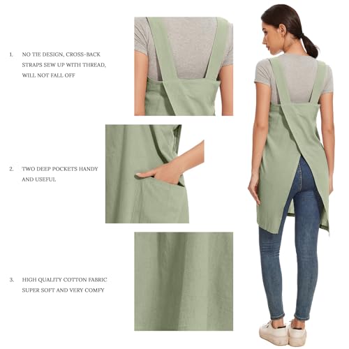 Women Apron with 2 Pockets Cotton Linen Kitchen Baking Cooking Chef Cross Back Pinafore Dress for Work Restaurant Gardening (Large / Light Green)