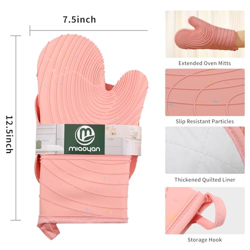 4 Pieces Oven Mitts of Macaron Color Thickened Non (Silicone-pink)