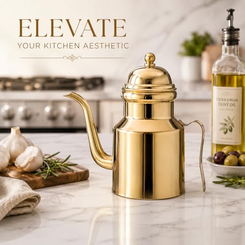 Oil Dispenser Vinegar Dispenser Bottle 15.22oz Stainless Steel Oil Can Container with Handle for Kitchen Restaurant Cooking BBQ Golden