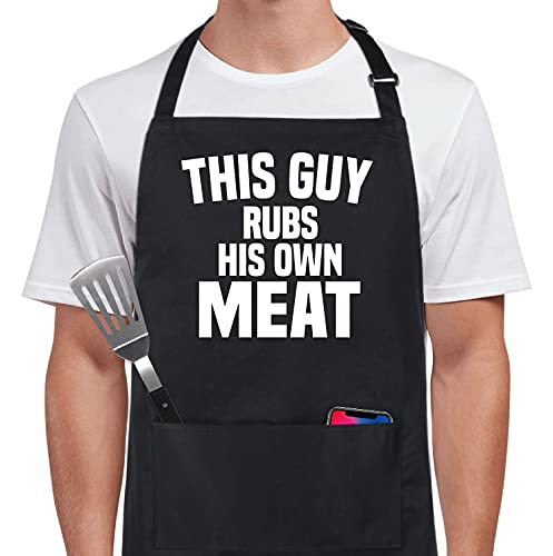 100% Cotton Funny Aprons This Guy Rubs His Own Meat with 2 Pockets BBQ Grilling Adjustable Bib Aprons Gifts for Men Dad Friends Father's Day Barbecue Birthday (This Guy Rubs His Own Meat)