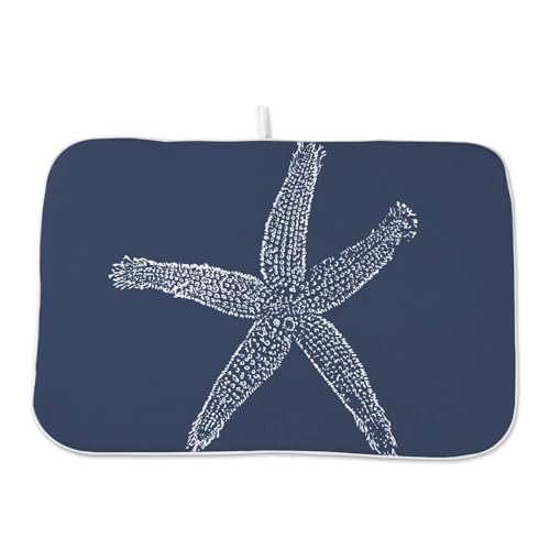 Coastal Beach Dish Drying Mat 18 x 24 inch (18" x 18" / Navy Blue Starfish)