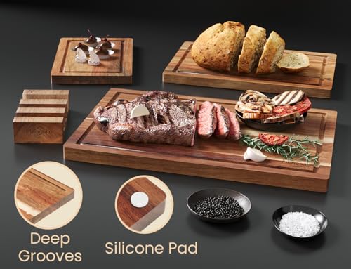 Set of 3 Acacia Wood Kitchen Cutting Boards with Holder (Wood-3pc-M / Brown)