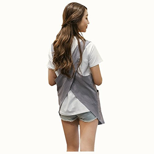 Soft Cotton Linen Apron Solid Color Halter Cross Bandage Aprons Japanese Style X Shape Double Pockets Round Skirt Kitchen Cooking Clothes Chef Summer Fit (Light Grey)