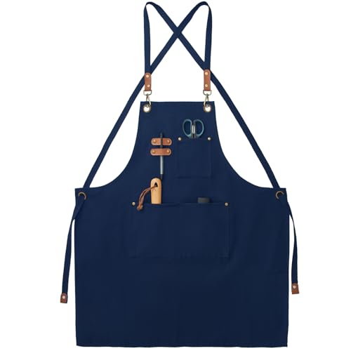 Chef Canvas Aprons with 3 Large Pockets Adjustable Strap for Men Women Blue (Blue)
