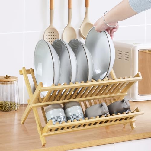Bamboo Dish Drying Rack 2 Tier Foldable Plate Organizer Collapsible Plate Organizer Holder for Kitchen Countertop