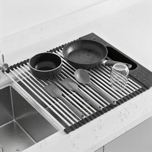 Roll Up Dish Drying Rack Over Sink (Black（17.5" X 15.2"）)