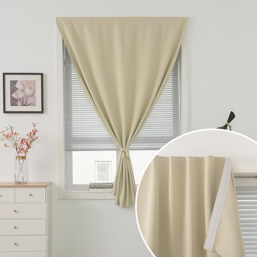 Room Darkening Curtains with Adhesive Backing Tool Free Hanging Window Drapes for Bedroom Kitchen Rental 70" W x 84" L Beige 1 Panel (70"W x 84"L (Pack of 1) / Beige)