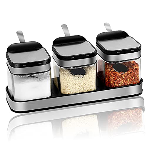 Condiment Jar Spice Container with 304 Stainless Steel Lids and Spoons (3-flavor set)