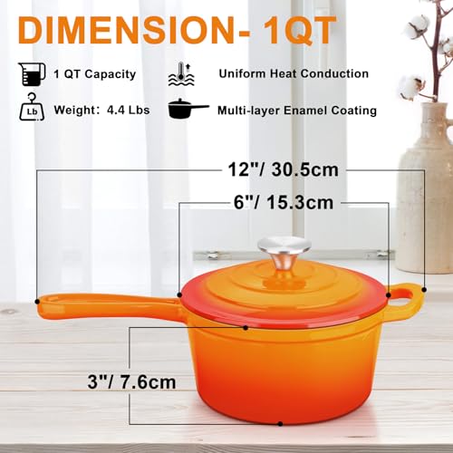 1Qt Enameled Cast Iron Sauce Pan with Lid (Orange / 1 Quarts)