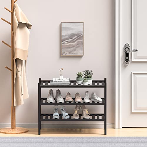 3 Tier (Thick) Bamboo Shoe Rack for Entryway, Small Wood Shoe Shelf Storage Organizer for Closet, Shoe Stand for Hallway, Stackable and Sturdy 27"x12"x21" Black (Black / 3 Tier(Thick))