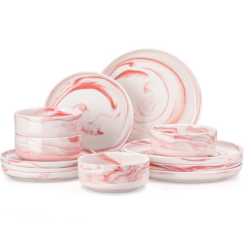 12 Pcs Porcelain Plates and Bowls Sets (Marble Pink / 12 Pcs (Service for 4))