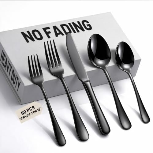 60 PCS NO FADING Black Silverware Set for 12 (Titanium Black / 60 Pack for 12)