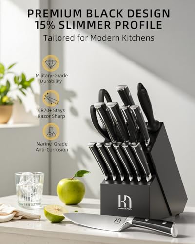 Knife Set 15 Pcs High Carbon Stainless Steel Kitchen Knife Sets with Block & Sharpener (Dark Black)