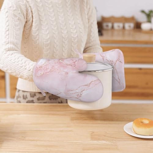 Oven Mitts and Pot Holders Light Pink Marble Art Silicone Kitchen Accessories Set of 4 Heat Resistant Long Gloves Potholder Non (A06321111)