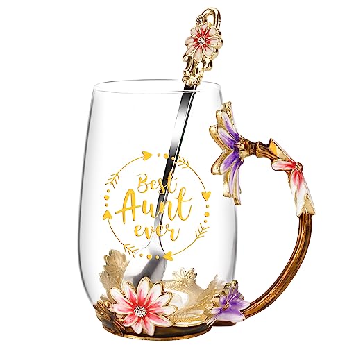Gifts for Aunt from Niece Nephew Tea Cup Cool Birthday Gift Enamel Flower Glass Mugs Christmas Mothers Day New Aunt Announcement Promoted (Aunt)