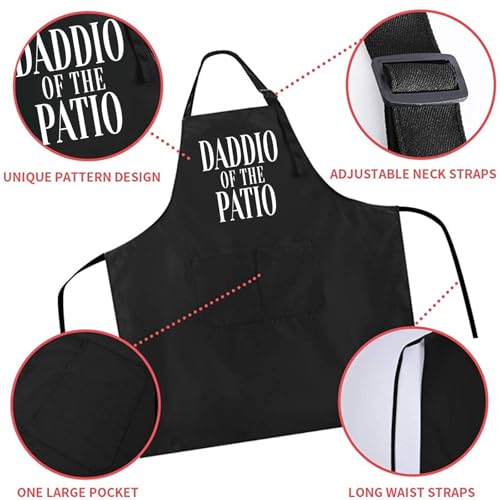 Funny Black Chef Aprons for Men Adjustable BBQ Kitchen Cooking Apron (Daddio of the Patio)