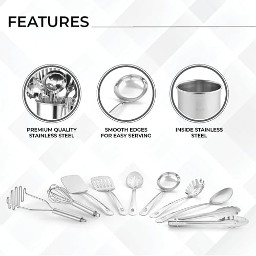 Premium Set of 10 Stainless Steel Kitchen Tool Set with Holder Easy To Clean (Large)