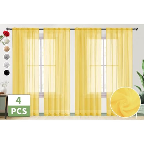 Yellow Sheer Curtains 4 Panels Rod Pocket Semi (Yellow / 52"W x 54"L (Pack of 4))