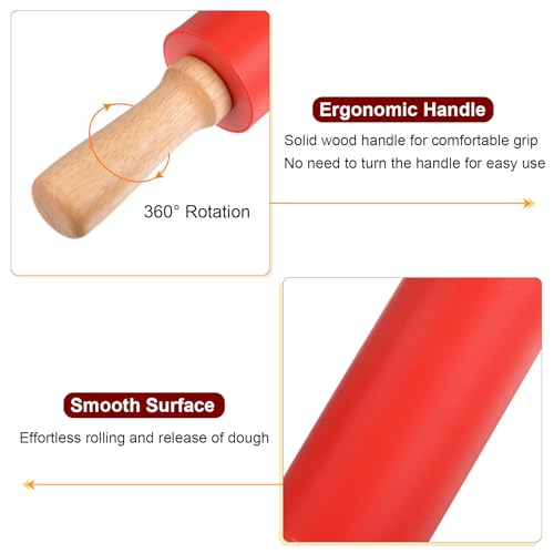 Silicone Rolling Pins for Baking 15 Inch Wooden Handle Non Stick Rolling Pin Small Roller Playdough Rolling Pins for Dough Pizza Pastry Fondant Kitchen (Red / 38cm x 5.2cm)