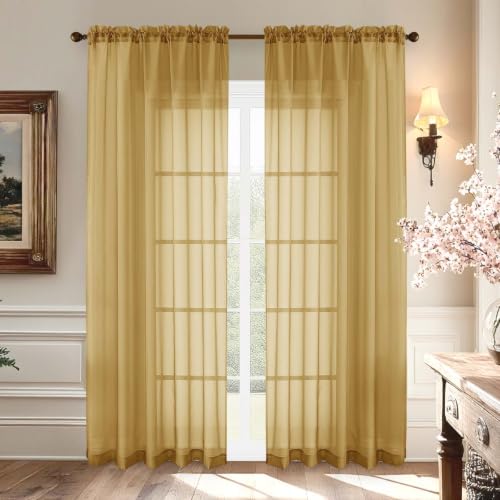Gold Sheer Curtains 84 Inches Long 2 Panels Set for Living Room (59"W x 84"L (Pack of 2) / Gold)