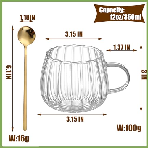 12oz Clear Glass Coffee Mugs Set of 6 Ribbed Coffee Cups With Handles Modern Cute Glass Tea Mug Cup for Hot Beverage (Ribbed)