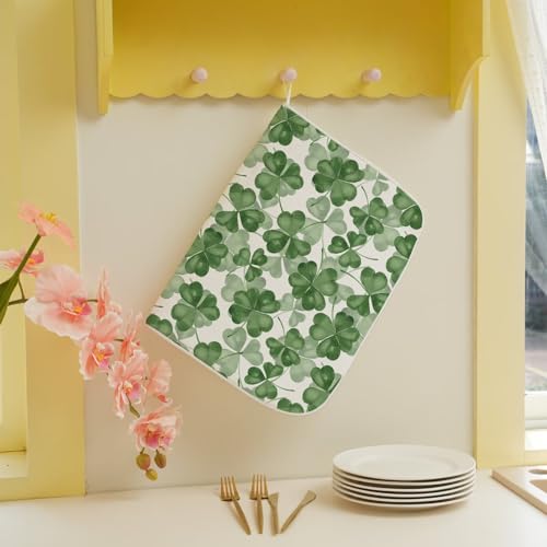 St Patricks Day Dish Drying Mat 18 x 24 inch Dark Green Clover Print Decorative Drying Mats Microfiber Absorbent Shamrock Dish Washable Draining Mat for Kitchen Counter Decor (24" x 18" / Dark Green Clover)