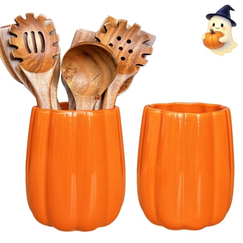 Large Ceramic Kitchen Utensil Holder for Kitchen Counter & Countertop Cooking Utensil Holder Spatula Holder Utensil Crock for Counter Fall Kitchen Deco and Accessories (Pumpkin no Pattern)
