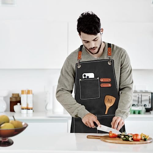 Cross Back Chef Aprons for Men Women with Pockets (Black)