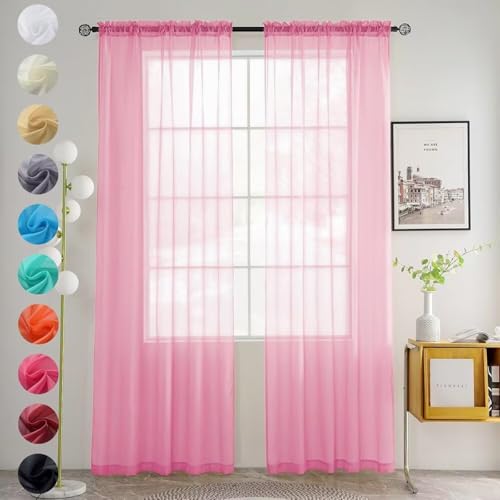 Solid Sheer Rod Pocket Curtain Voile Draperies 2 Panels White Beige Black Grey Coffee 52 Inch Width 96 Inch Long 1 Pair for Kitchen Bedroom Children Living Room Yard (Pink / 52"W x 96"L (Pack of 2))