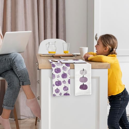 Purple Fall Pumpkin Decor Kitchen Towels and Dishcloths Set of 2 (Purple Pumpkins)