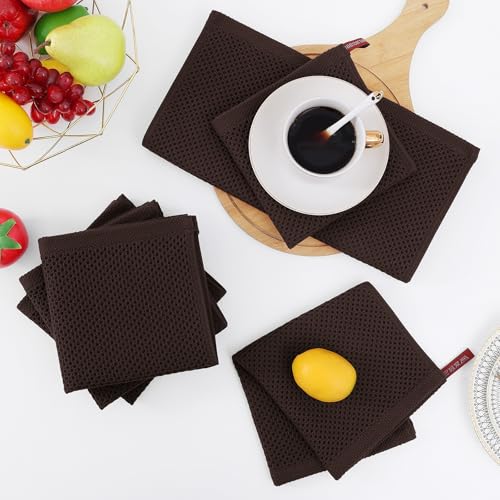 100% Cotton Waffle Weave Kitchen Dish Cloths 6 (Dark Brown / 12 X 12 - 6 Pack)