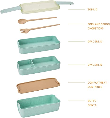 3 Pack Stackable Bento Box Adult Japanese Lunch Box Kit with Spoon & Fork (Green/Pink/Beige / 3 pack)