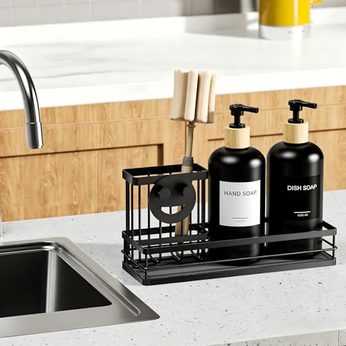 Kitchen Dish Soap Dispenser Set (Black Tray+black Bottle+labels)