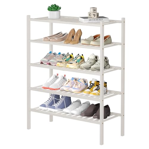 5 Tier Bamboo Shoe Rack for Closet Free Standing Wood Shoe Shelf for Entryway Small Space Stackable 27"x11"x33" (White / 5 tier)