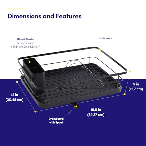 Dish Drying Rack 3 Piece Dish Drainer with Drainboard Set for Kitchen Counter (15.5" x 12" x 5" / Black)