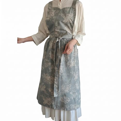 Japanese Cotton Linen Cross Back Work Apron for Women with Pockets Pinafore Dress Smock (05-ldh)