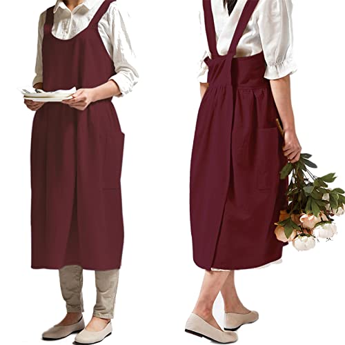 Japanese Cotton Cross Back Pinafore Apron for Women with Pockets Burgundy (06 - Magenta Apron Without Waist Ties)