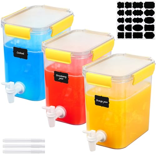 3 Set Plastic Drink Dispensers for Parties Beverage Dispenser for Fridge with Spigot Iced Juice Lemonade Container with Labels and Pens Summer Party Supplies (0.92 Gallon / Yellow)