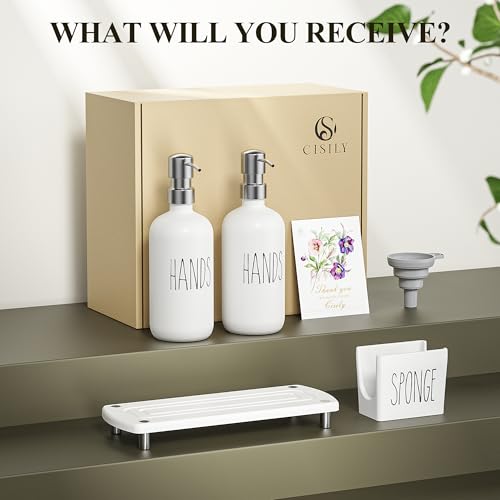 Kitchen Soap Dispenser Set Comes with Ceramics Sponge Holder (Silver + White + Sponge Holder)