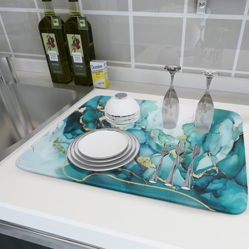 Teal Marble Dish Drying Mat Turquoise Blue Marbling Print Dish Drainer Mats 18"x24" Modern Granite Microfiber Reversible Dish Drying Rack Pad Protector for Kitchen Countertop Decor (24" x 18")