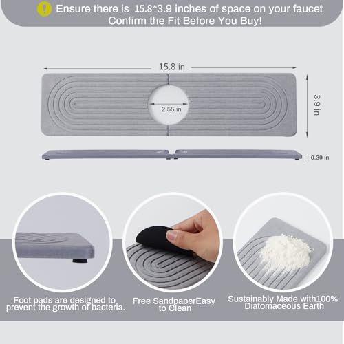 Fast Drying Stone Faucet Mat for Kitchen Sink stone quick dry around faucet (Gray.15.8" x 3.9")