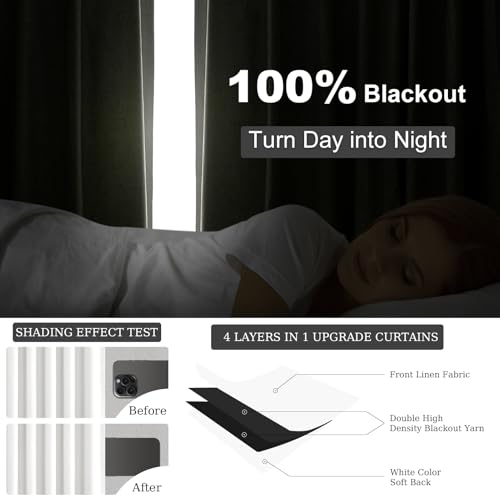 120 Inch Linen Blackout Curtains 2 Panels for Bedroom Living Room Darkening Thermal Insulated 100% Black Out Linen Drapes Large Window Curtains Cream White 52Wx120L Back Tab (Cream White / 52"W x 120"L (Pack of 2))