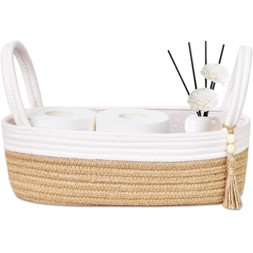 Small Storage Basket for Toilet Tank Top (White & Jute / L(13x6x4 Inch))