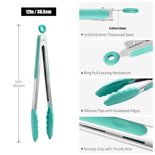 Kitchen Tongs with Silicone Tips for Cooking Serving (12in / Aqua Sky)