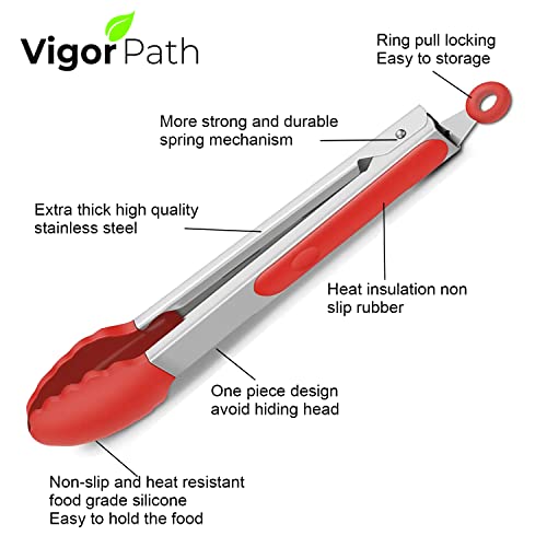 2-Pack of 9" (Small) & 12" (Large) Kitchen Tongs Set: Non-Stick Silicone-Stainless Steel Cooking Tongs, BPA Free, Heat Resistant (480°F) - Non-Slip Grip & Locking Metal Food Tongs (Red) (Red)