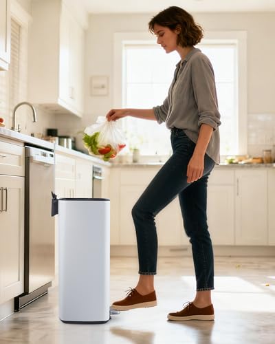 8 Gallon 30L Round Stainless Steel Kitchen Trash Can with Lid (White)