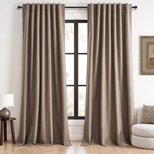 102 inch long blackout curtains 2 Panels 100% Black out Linen texture Curtain elegant Taupe Farmhouse Drapes with Back Tab Rod Pocket Light Blocking Thermal Insulated Panel for Bedroom Living Room (Faux Linen / 52"W x 102"L (Pack of 2))