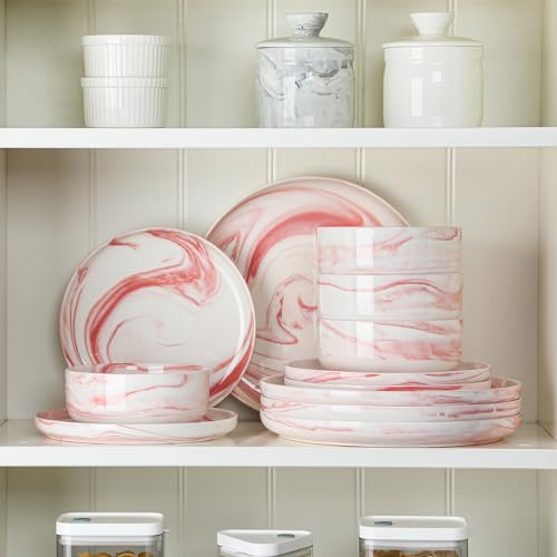 12 Pcs Porcelain Plates and Bowls Sets (Marble Pink / 12 Pcs (Service for 4))