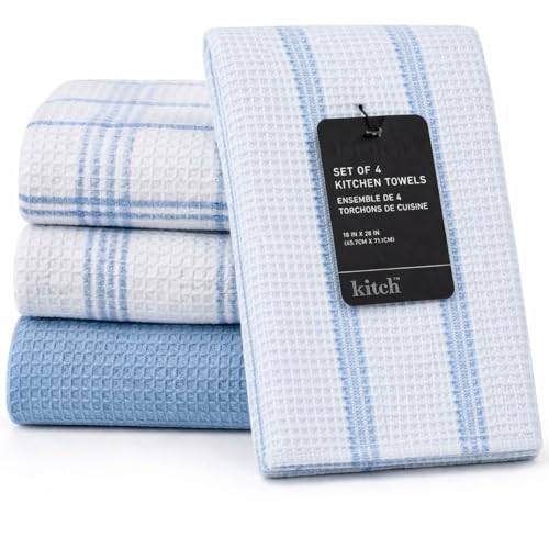 Kitchen Towels Set of 4 Dish Towels Blue n White Waffle Weave Cotton Hand Towels (Blue N White)